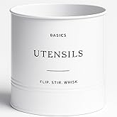 D'Lifeful Kitchen Utensil Holder for Countertop - 7" x 7" Large Utensil Holder for Kitchen Counter - Farmhouse Spatula & Cooking Tools Organizer - White Metal Crock for Modern Aesthetics
