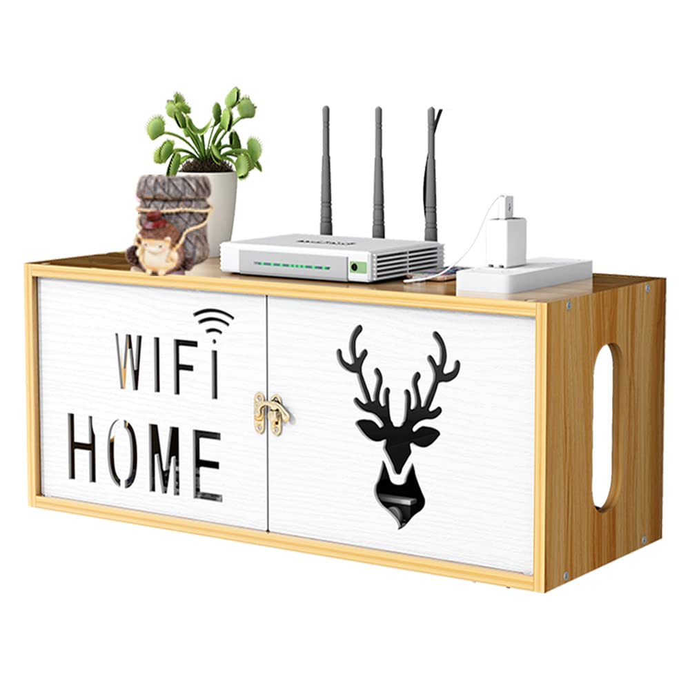 NUODWELL Wall-Mounted WiFi Router Storage Box Socket Shielding Wire Finishing Wire Box with Cabinet Door TV Set-top Box Wall Storage Decorative Box（Cherry Wood