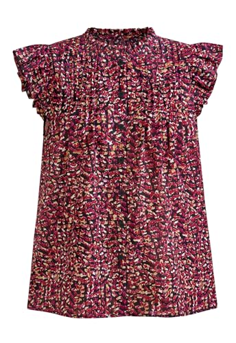 PRETTYGARDEN Women Button Down Boho Shirts Floral Ruffle Cap Sleeve Mock Neck Flowy Casual Summer Blouses Tops
