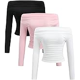 WDIRARA Women's 3 Pack Off Shoulder T-Shirts Long Sleeve Ruched Tee Shirts Slim Fit Tops