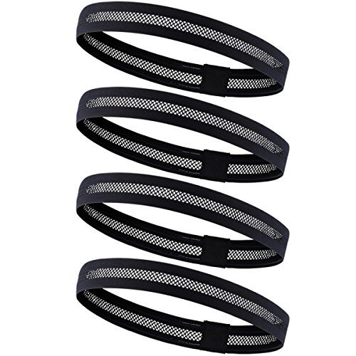 4 Pack Dreamlover Sports Headband, Womenâ€™s Yoga Hairband, Menâ€™s Sweatband for Running, Travel and Fitness, Cutout Non Slip Elastic Sports Headband with Silicone Strips (Black)