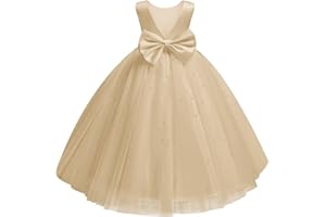 Dypaha Flower Girl Dress for Wedding Pearls Tulle Dress Kids Princess Communion Pageant Ankle Length Dresses with Bow-Knot