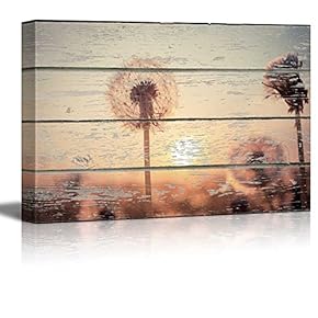 Canvas Wall Art - Dandelion Against The Sunset on Vintage Wood Textured Background - Rustic Country Style Modern Giclee Print Gallery Wrap Home Art Ready to Hang - 12" x 18"