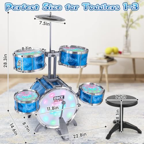 Upgraded Kids Drum Set for Toddlers 3+, Kids Jazz Drum Ages 3-5, Star Light up Musical Instrument Toys for Boys Girls 3-6 5-7 ( All Plastic)