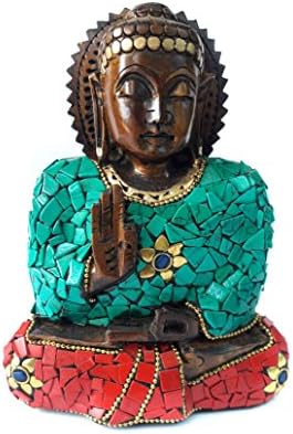 Ratoomal Handcrafted Wooden Gautam Budha Sitting With green Stone Art Home Décor Accent