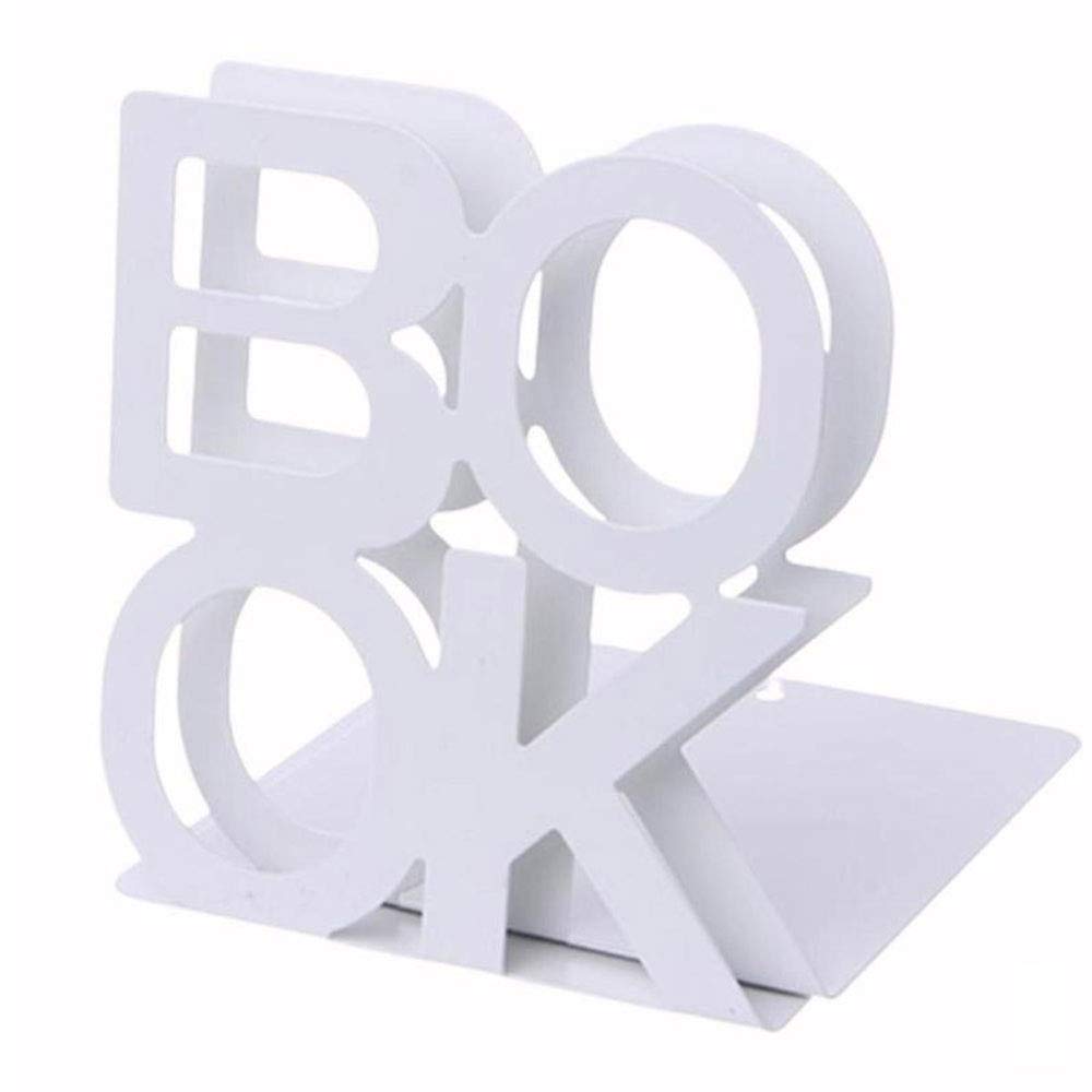 Metal Bookends Heavy Duty Book Ends L-Shaped "Book" Letter Nonskid Bookends for Shelves 1 Pairs for Office (White)