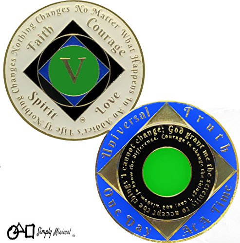 Simply Minimal 5 Year NA Gold Plated Recovery Clean Time Coin, Medallion + Plastic Display Case (Black/Green)