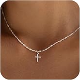 Feskive Cross Necklace for Women 14K Real Gold/Silver Plated Dainty Small CZ Cross Pendant Simple Choker Necklace Trendy Cute Sideways Cross Box Chain Necklace Easter Christian Baptism Religious Faith Jewelry Gift
