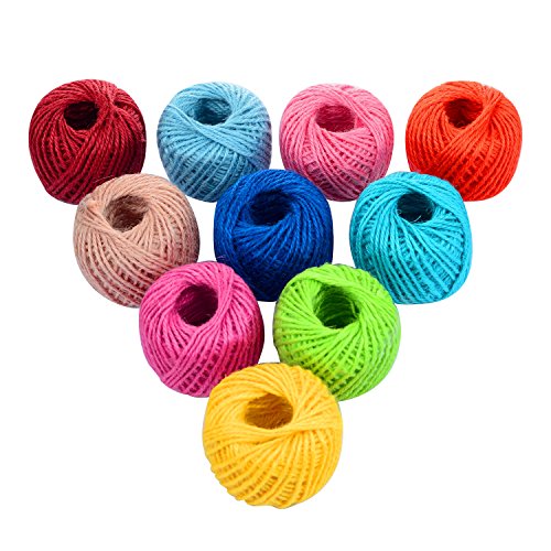 1000 Feet (c.333 Yards) 2mm 3 ply Colourful Natural Jute Twine String Roll Collection - 10 Assorted Coloured Variety Pack for Artworks and Crafts, Gift Wrapping, Picture Display and Gardening