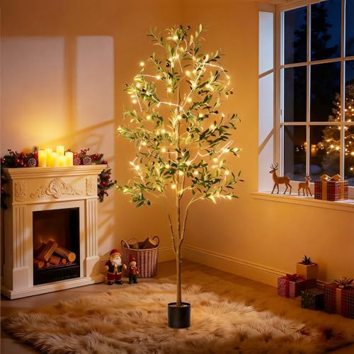 Olive Tree, 6FT Tall Faux Olive Tree with Moss and Planter, Olive Trees Artificial Indoor with Realistic Wood Trunk and Lifelike Fruits, Olive Fake Tree for Home Office Living Room Decor