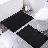 MAYSHINE 2 Pieces 20x31 Inches Non-Slip Bathroom Rug Shag Shower Mat Machine-Washable Bath Mats with Water Absorbent Soft Microfibers of - Black