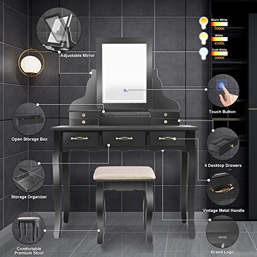LED Vanity Table,7 Drawers Makeup Dressing Table with Cushioned Stool-Black