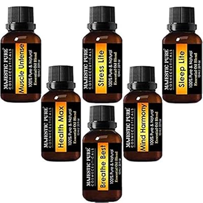 MAJESTIC PURE Essential Oil Blends - Made from Pure Aromatherapy Essential Oils - Sleep Lite, Health Max - Breathe Best, Stress Lite, Muscle Untense, Mind Harmony - for Diffuser use Also - 6/10 ml