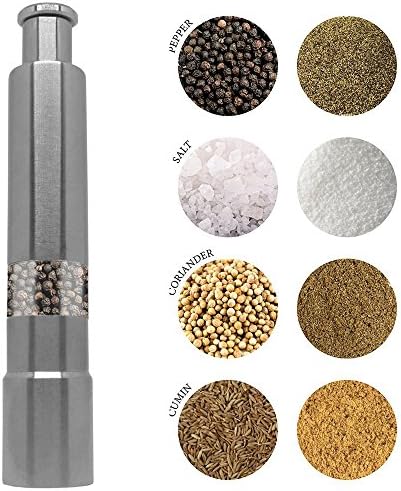KAILIM Salt or Pepper Grinder，Stainless Steel Pump Mills/Shakers with One Hand Stands Mini Thumb Push for Peppercorns, Sea Salt, Spices, Table Seasoning Grinders(1PCS)