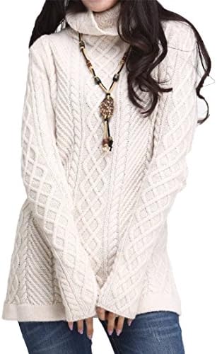 Teamoluna Women's Turtle Neck Warm Hip Knee Length Cashmere Sweater White (US,M/Asia,L)