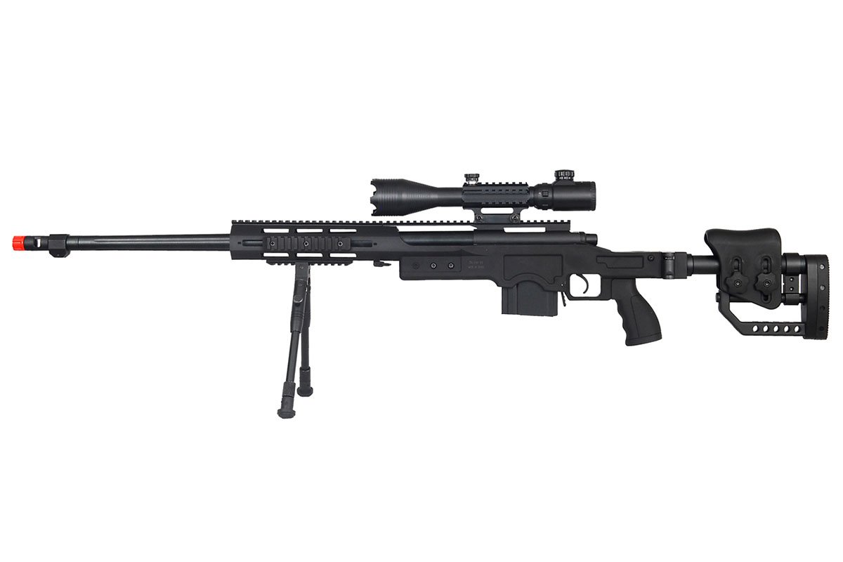 Well MB4411BAB2 Rifle Airsoft de acción con perno de resorte con alcance iluminado y bípode (negro)