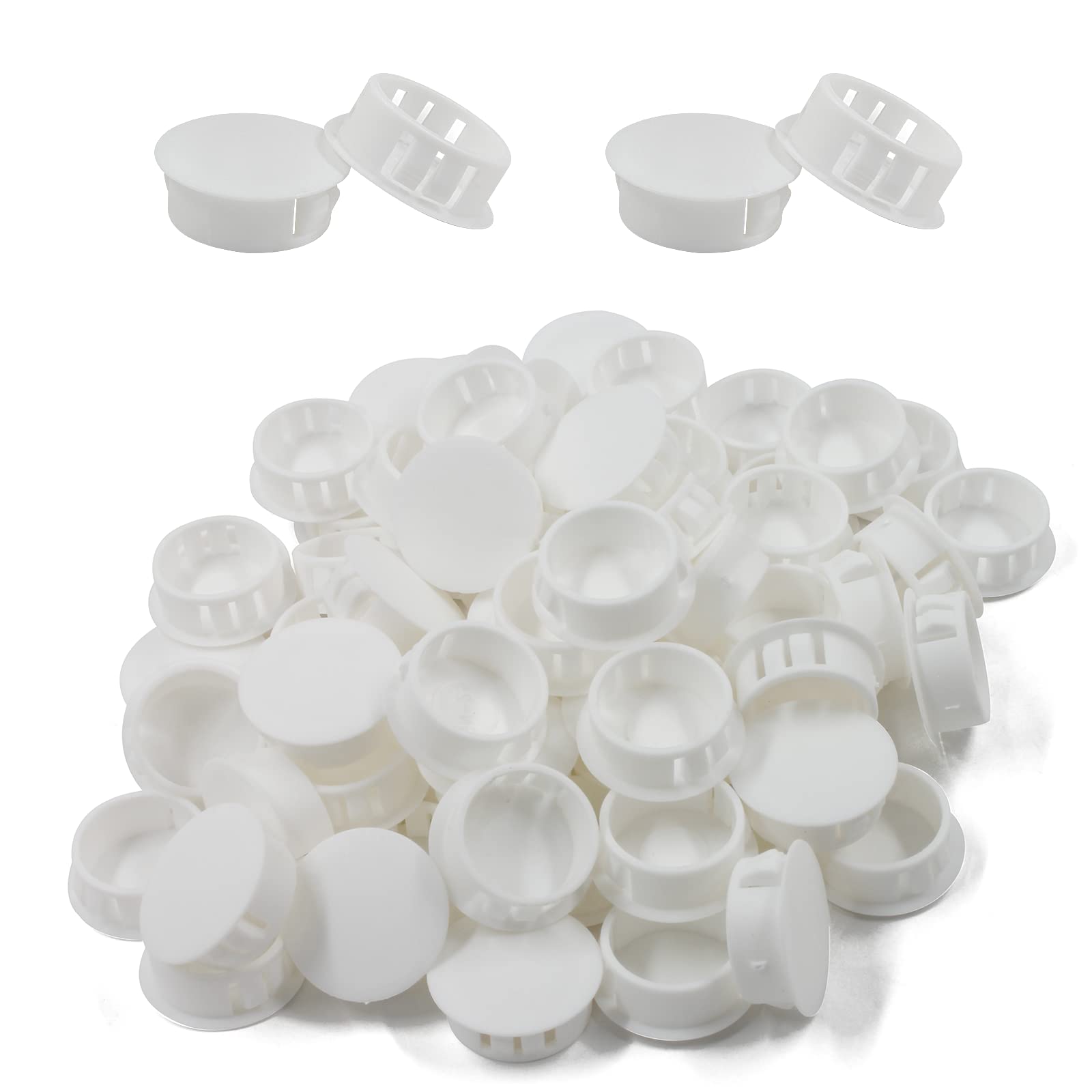 Cjueiom 60pcs 22mm / 7/8" Hole Plugs White Plastic Hole Covers, Flush Type Drill Hole Cover Caps Snap in Locking Blanking Cap, Post Pipe Insert Screw Hole Cover for Kitchen Cupboard Cabinet Shelf