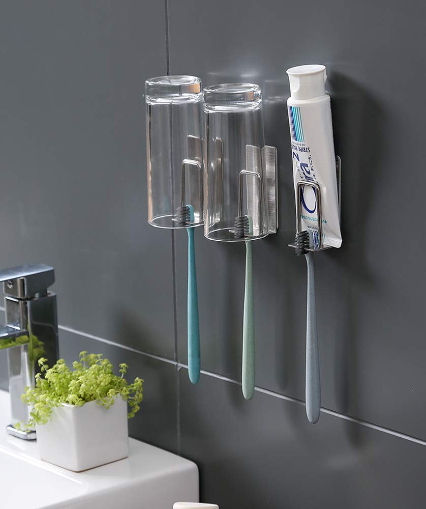 Toothbrush Holder Toothbrush Cup Hang Hook Wall Mounted Stainless Steel Stand With Self-Adhesive 3Pack