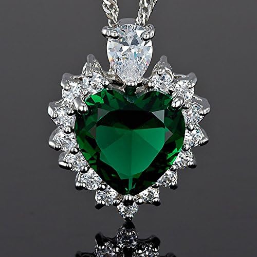 Lady Fashion JewelryHeart Cut Green Emerald Silver Tone Pendant Necklace