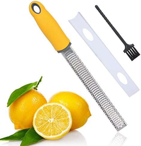 Flytt Stainless Steel Citrus Lemon Zester and Cheese Grater,Sharp Blade and Ergonomic Handle with Protective Cover,Free Cleaning Brush,Dishwasher Safe(Yellow)