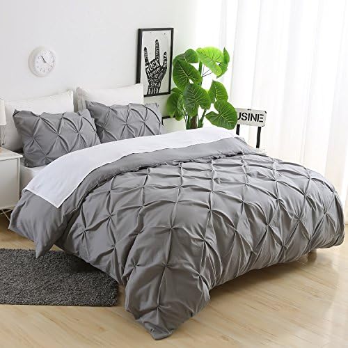 Ucharge Unique Pinch Pleat Pintuck Duvet Cover Set,3 Pieces Decorative Stylish Brushed Microfiber Bedding Set With Zipper and Corner Ties (King Grey)