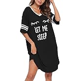 KAMONG Sleep Shirts for Women Short Sleeve Cotton Novelty Night Shirts V Neck Oversized Nightgowns Cute Printed Nightdress