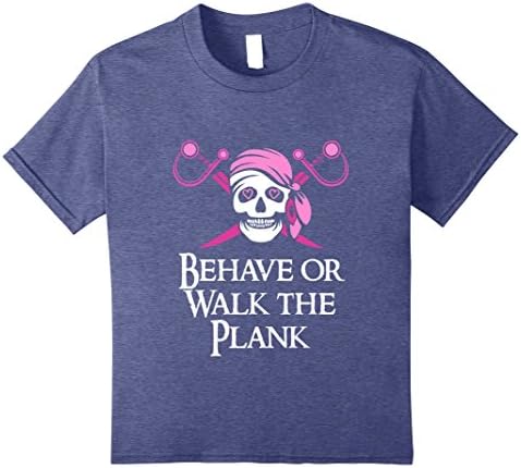 Kids Pink Pirate Beehave or Walk The Plank Jolly Roger T-Shirt 10 Heather Blue
