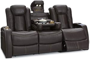 Seatcraft Omega Home Theater Seating - Living Room - Leather Gel - Power Recline - Power Headrests - AC and USB Charging - Lighted Cup Holders - Fold Down Table (Sofa, Brown)