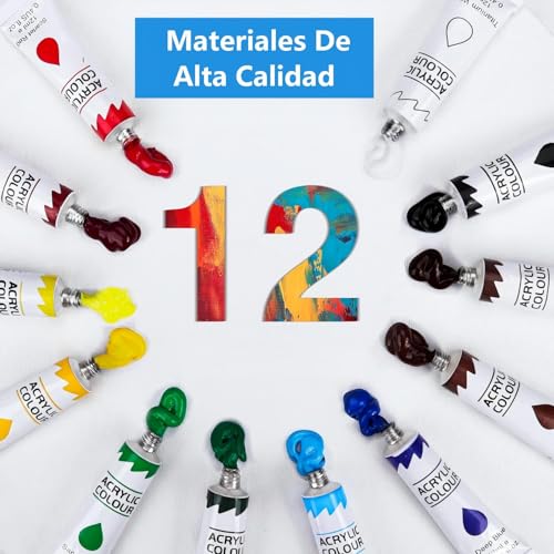 14 Mini Lienzos y Bastidores,Mini Lienzos y Caballetes con 14 Caballete,14 Pinceles, 3 Paletas de Arte y 12 Mini Pinturas Acrílicas, Juego de Caballete de Pintura, Ideal para Casa,Escuela(8×8 cm)