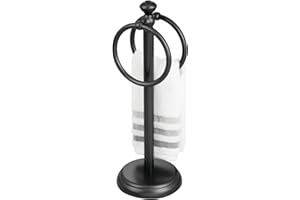 mDesign Steel Towel Rack Holder Stand with 2 Hanging Rings for Bathroom Vanity Countertops - Space Saving Hand Towel Holder - Hyde Collection - Black