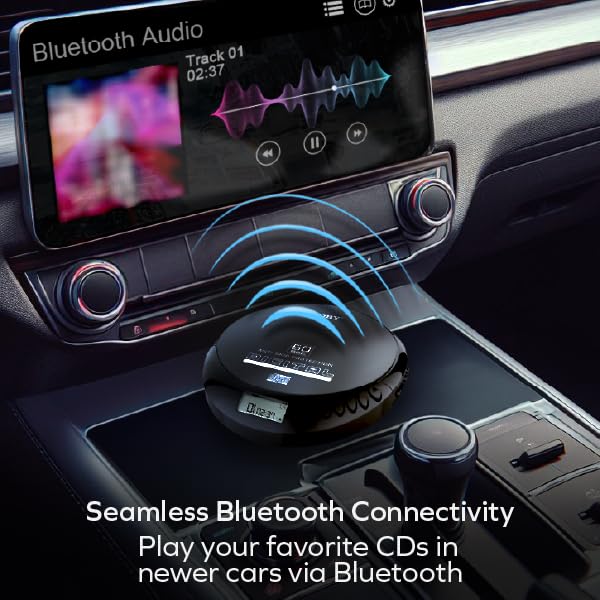 Coby CD Player Portable Bluetooth CD Player for Car, Headphones, FM, AUX, MP3 Anti-Skip CD Player for Home, Compact Discman, Rechargeable, Lightweight