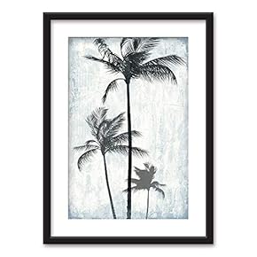 Framed Wall Art - Palm Trees on Retro Style Background - Black Picture Frames White Matting - 23x31 inches