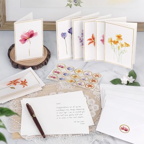 Uniiking® Blank Cards, 10 Pack Blank Greet Cards, Elegant Gold Foil Blank Note with Envelopes, Stationary Set for All Occasions, 5 Assorted Floral Designs