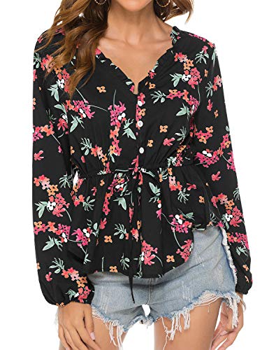 Floral Print Long Sleeves V Neck Chiffon Slim Shirt Tunic Tops Blouse for Women Black