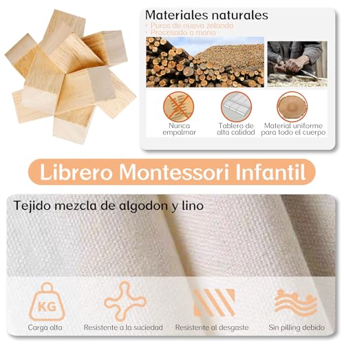 CACSZSOI Librero Montessori Infantil, Estantería de Almacenamiento para Libros de Niños con Múltiples Bolsillos, Muebles Montessori para Niños