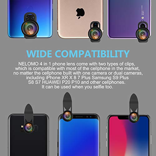 NELOMO Cellphone Camera lens 4 in 1 Phone Lenses Kit Compatible with Iphone XS XR X 8 Samsung Galaxy S9 S8 Huawei P20 P10 20X Macro Lens, 2.0X Zoom Telephoto Lens, 138Â°Wide Angle Lens, 198Â°Fisheye Len