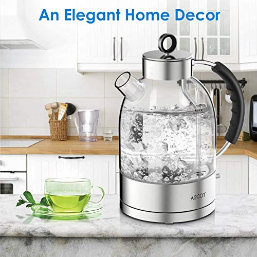 Electric Kettle, ASCOT Electric Tea Kettle 1.7QT, 1500W Glass Electric