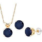 Gem Stone King 14K Yellow Gold Blue Sapphire Pendant Earrings Jewelry Set For Women | 1.80 Cttw | Gemstone September Birthstone | Round 5MM | with 18 Inch Chain