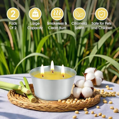 Citronella Candle Outdoor Large 2 x 12 oz, 120 Hours Outdoor Candles, Citronella Candle with 3 Wick - Natural Soy Wax Scented Candle Women for Garden, Camping, Indoor, Patio, Picnics