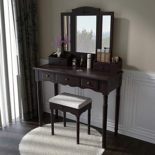 Vanity Stool Set, Make Up Table with 5 Drawers， Tri-Folding 3 Mirrors, Cushioned Stool Easy Assemble Brown