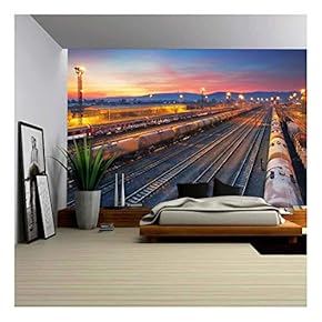 Cargo Freigt Train Railroad Station at Dusk - Removable Wall Mural | Self-Adhesive Large Wallpaper - 66x96 inches