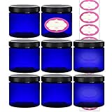 8-Pack - 16 Ounce Plastic Cobalt Blue Refillable Jars - Clear 8 Pack 16 Oz Round Cosmetic Containers - with Lids and Labels, For Beauty Products, Cream, Exfoliating Scrub, Face Masks and Lotion