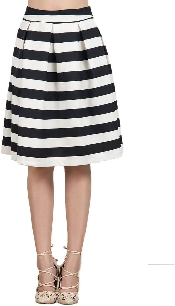 CHARLES RICHARDS CR Women's Black and White Stripes High Waist A-line Midi Skirt