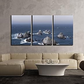 3 Piece Canvas Wall Art - Rocks by The Seashore - Modern Home Art Stretched and Framed Ready to Hang - 16"x24"x3 Panels