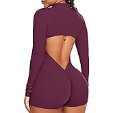 Women Long Sleeve Jumpsuit Zip Up Bodysuits Yoga Workout Unitards Bodycon One Piece Open Back Romper