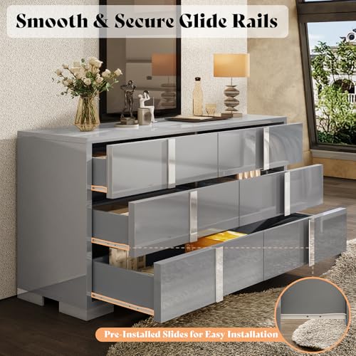 Jocisland 54" W High Gloss 6 Drawers Dressers with Silver Grooved Handles, Modern Storage Chest of Drawers with Wide Tabletop, for Bedroom/Dressing Room/Living Room, Grey