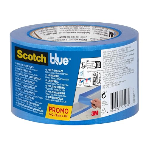 ScotchBlue Multi-Surface Premium Masking Tape, Pack of 3, 24 mm x 41 m, Scotch Adhesive Blue Painters Tape, For Painting and Decorating, Indoor & Outdoor, Sticks Well, 100% PEFC