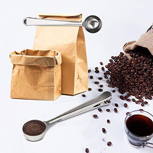 Hyber&Cara Espresso Accessories 1 PC Stainless Steel Coffee Measuring Scoop with Bag Clip + 1 PC Grinder Cleaning Brush + 4 Pcs Mini Stainless Steel Demitasse Spoons