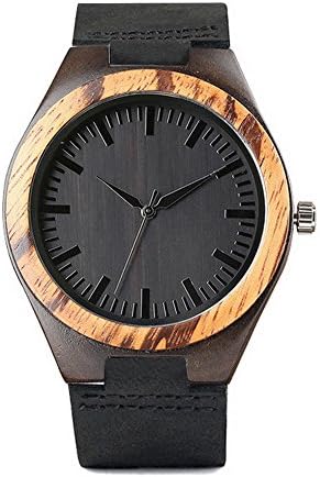 W008 Wood Watch Men Wristwatch Black Sandalwood Case with Zebrawood Bezel Leather Strap Wrist Watch