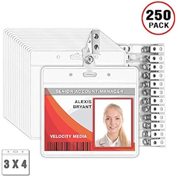 MIFFLIN Horizontal No Zip Plastic Card Holder with Metal Clip and Vinyl Straps (Clear, 3x4 Inch, 250 Pack), Quick Load PVC ID Name Badge with Clips